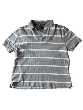 Tommy Hilfiger Grey White Striped Polo Shirt Size M Short Sleeve Classic Fit